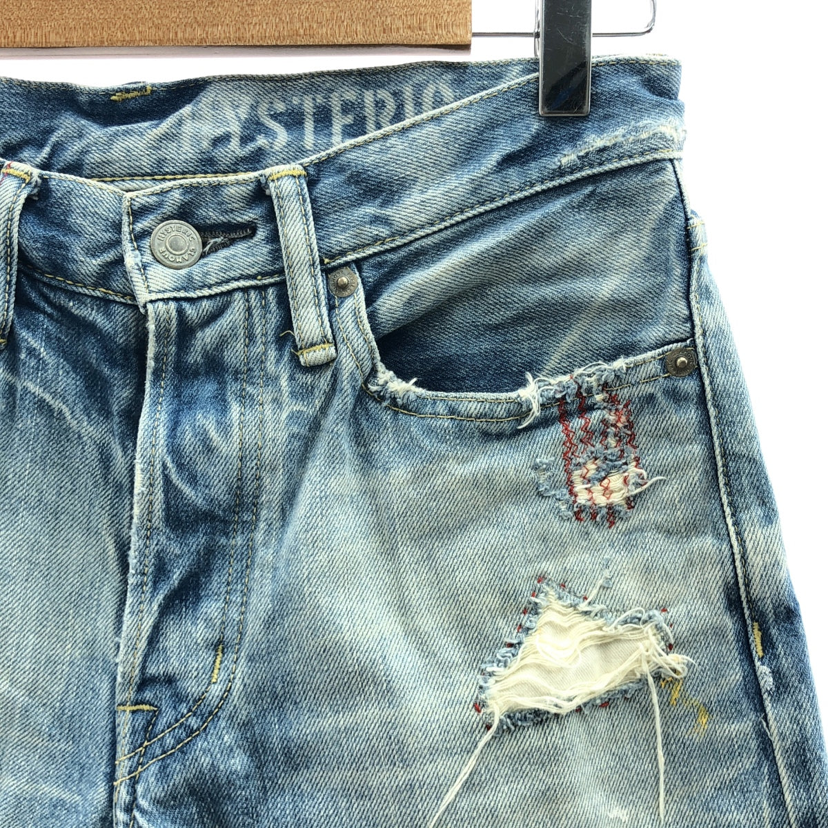 HYSTERIC GLAMOUR / ヒステリックグラマー | ダメージ加工 スタッズ パッチワーク セルビッチ デニムパンツ | 28 | インディゴ | メンズ