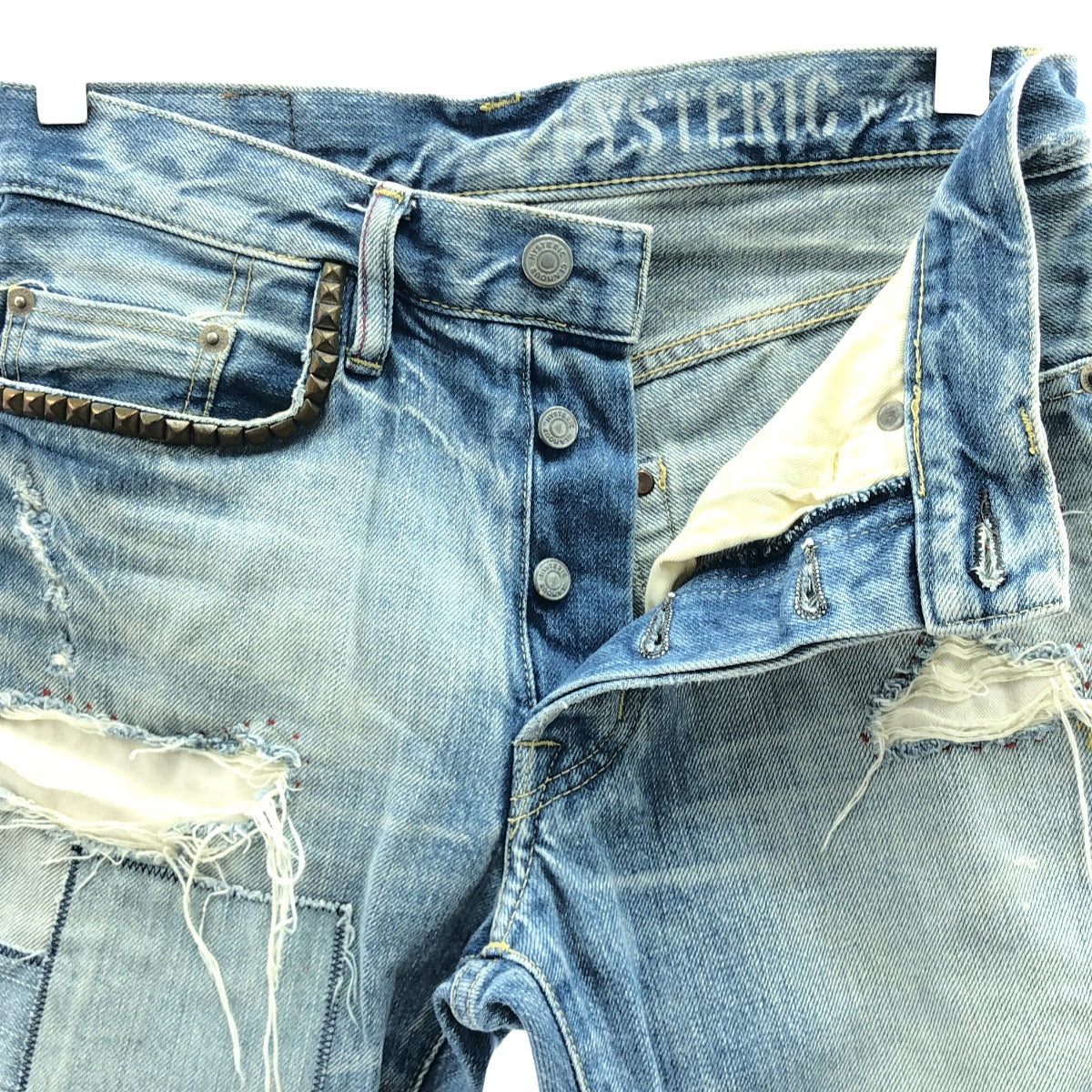 HYSTERIC GLAMOUR / ヒステリックグラマー | ダメージ加工 スタッズ パッチワーク セルビッチ デニムパンツ | 28 | インディゴ | メンズ