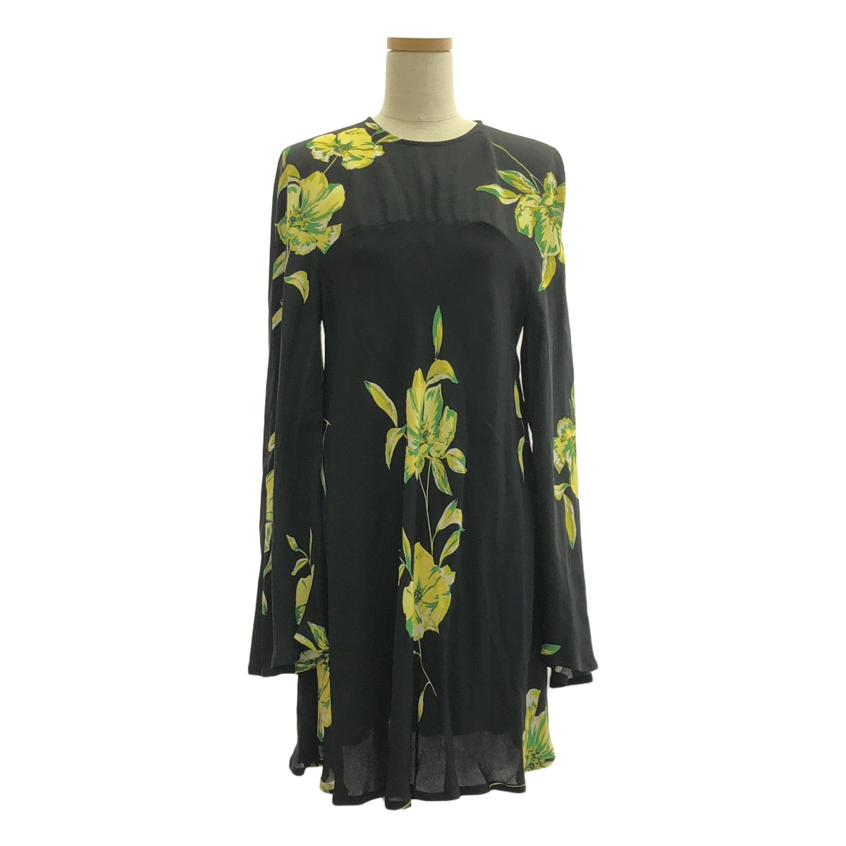 艾莉卡·卡瓦利尼 | 2022秋冬 |花卉圖案迷你連身裙 喇叭袖花卉人造絲迷你連身裙 | 38 |黑色/黃色/綠色|女性的