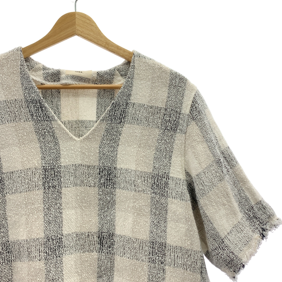 【미품】 IENA / 예나 | 2021SS | LINEN Tweed / 린넨 트위드 프린지 슬릿 롱 T블라우스 | F | 화이트 / 블랙 계열 | 여성