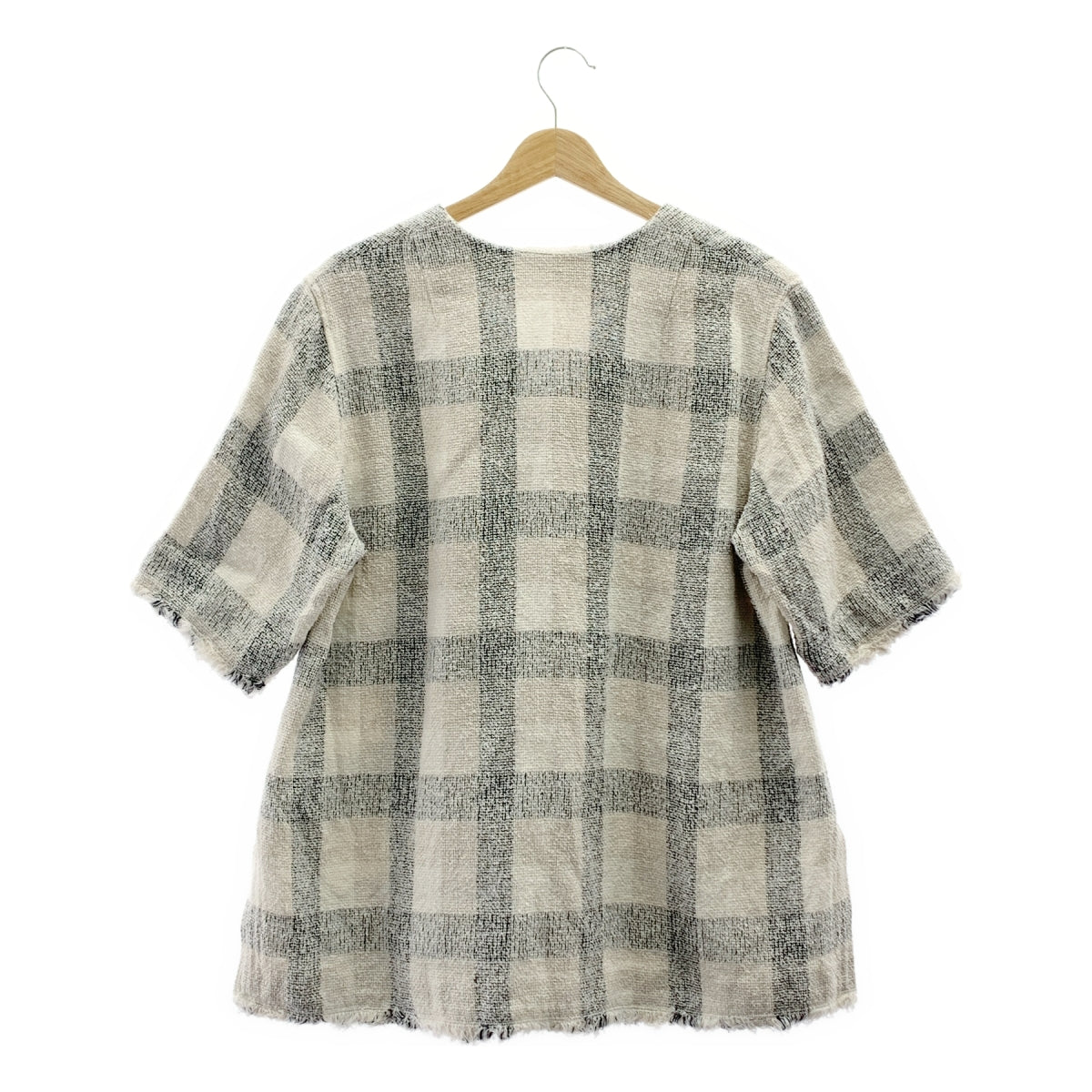 【미품】 IENA / 예나 | 2021SS | LINEN Tweed / 린넨 트위드 프린지 슬릿 롱 T블라우스 | F | 화이트 / 블랙 계열 | 여성