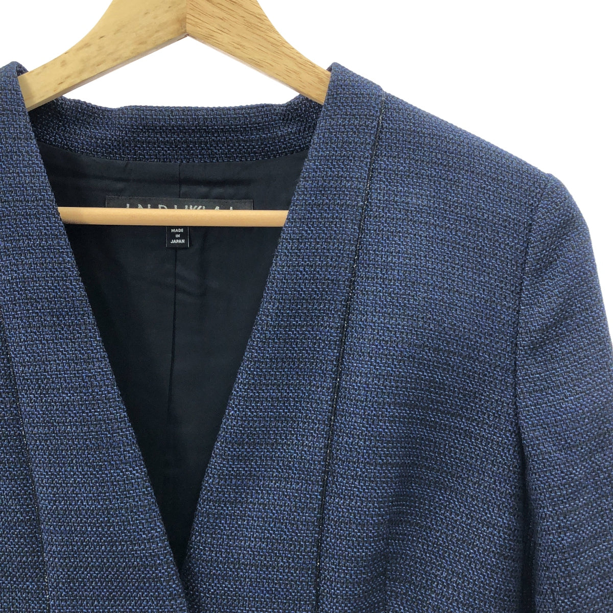 【美品】  INDIVI / インディヴィ | セットアップ ツイード ノーカラー ジャケット / バックジップ スカート / 総裏地 | 38 | ネイビー | レディース