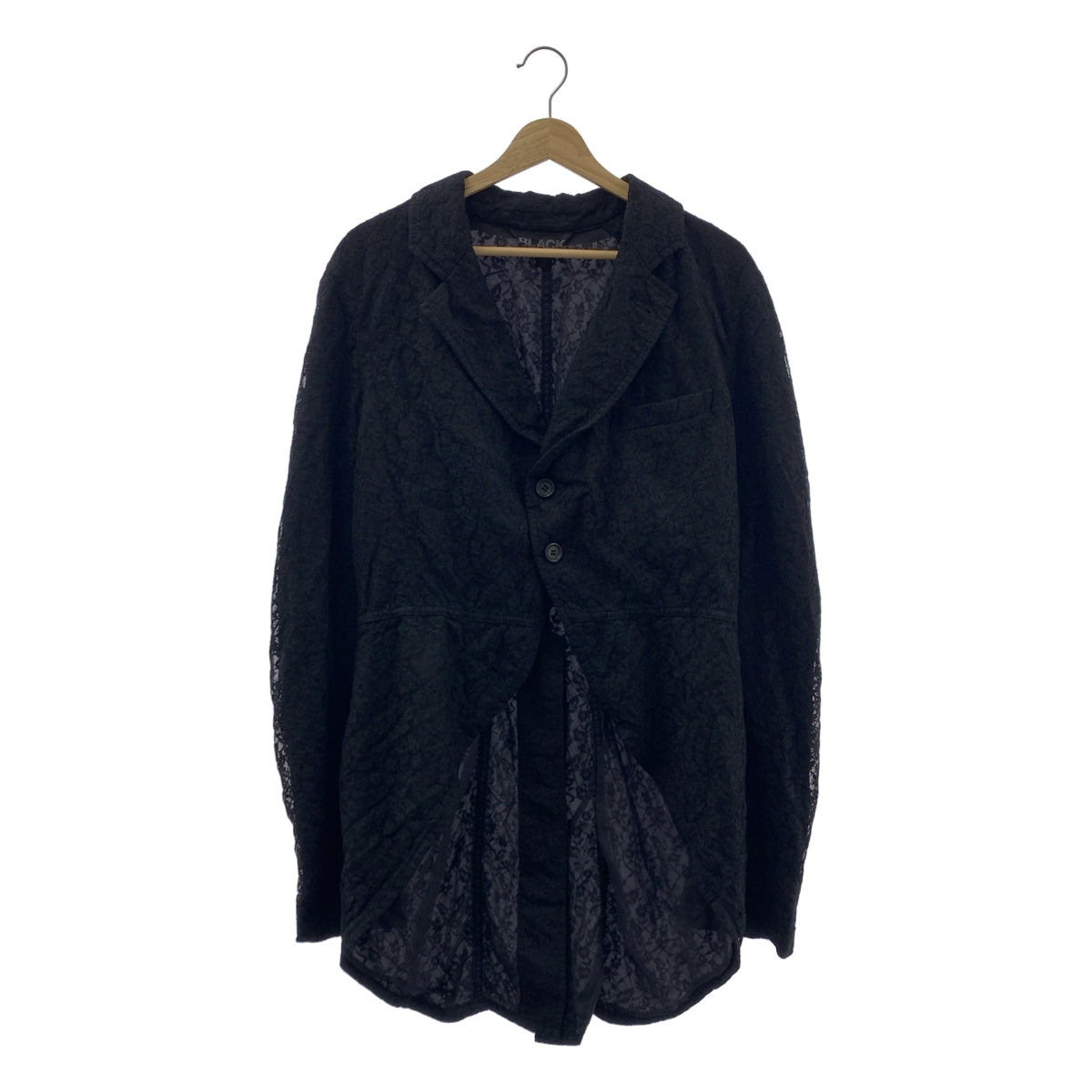 【美品】  BLACK COMME des GARCONS / ブラックコムデギャルソン | 2013SS | ポリエステル 製品加工 変形 レース シングルブレスト ロング ジャケット / 裏地付き | L | ブラック | メンズ