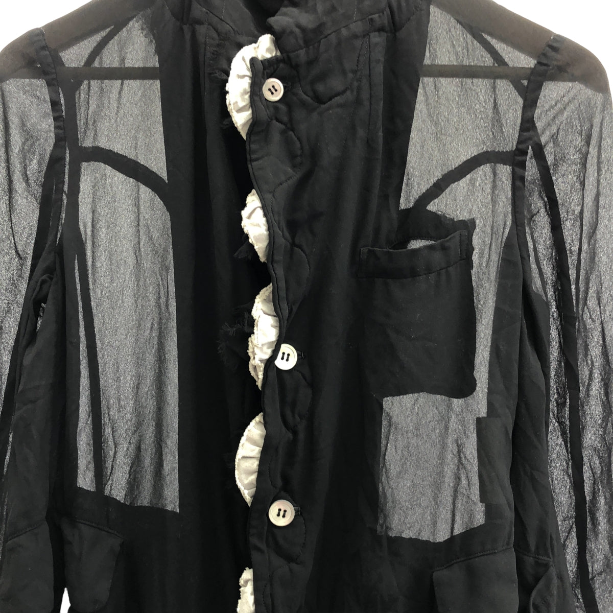 【미품】 COMME des GARCONS COMME des GARCONS / 콤콤 | 2014SS | 폴리 에스테르 제품 염색 변형 프릴 장식 싱글 오버 재킷 | M | 블랙 | 여성