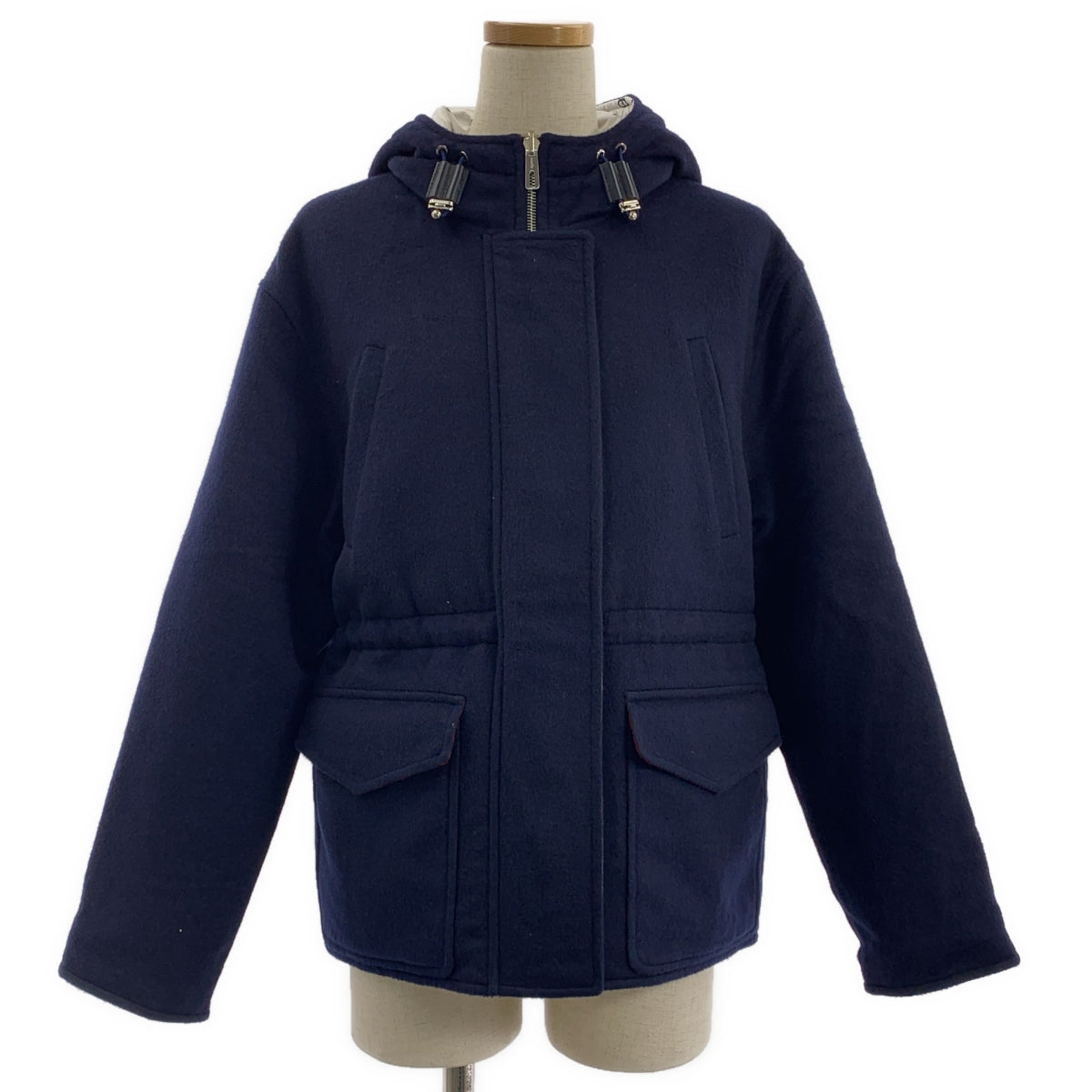 [狀況極佳] 愛馬仕 | 100% 羊絨雙面羊絨搭配全鏈條絎縫拉鍊夾克/連帽衫 | 尺寸 36 | 海軍藍/白色 | 女款