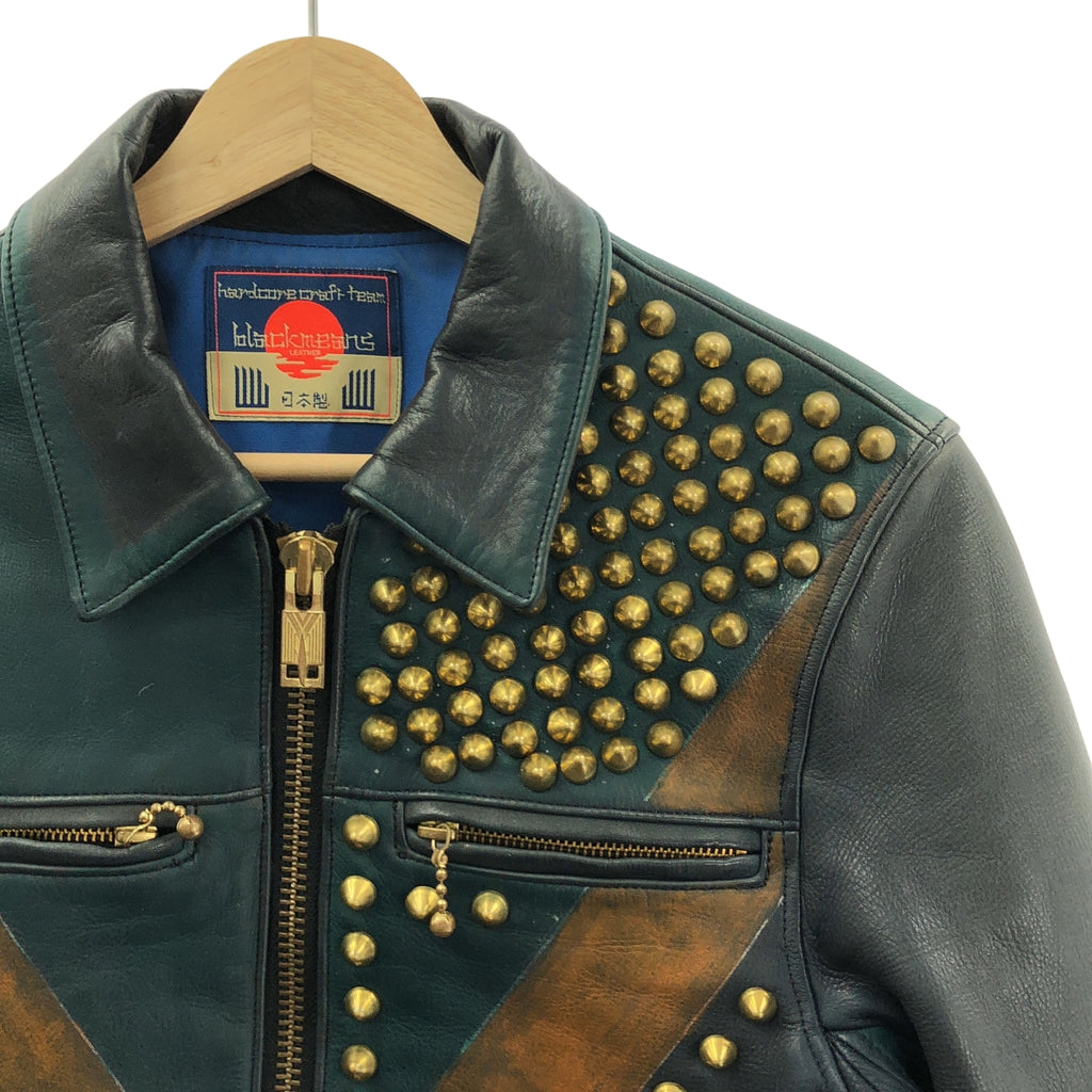 blackmeans | 牛皮鉚釘騎士夾克 / 全襯裡 | S 碼 | 黑/綠/棕色 | 男士