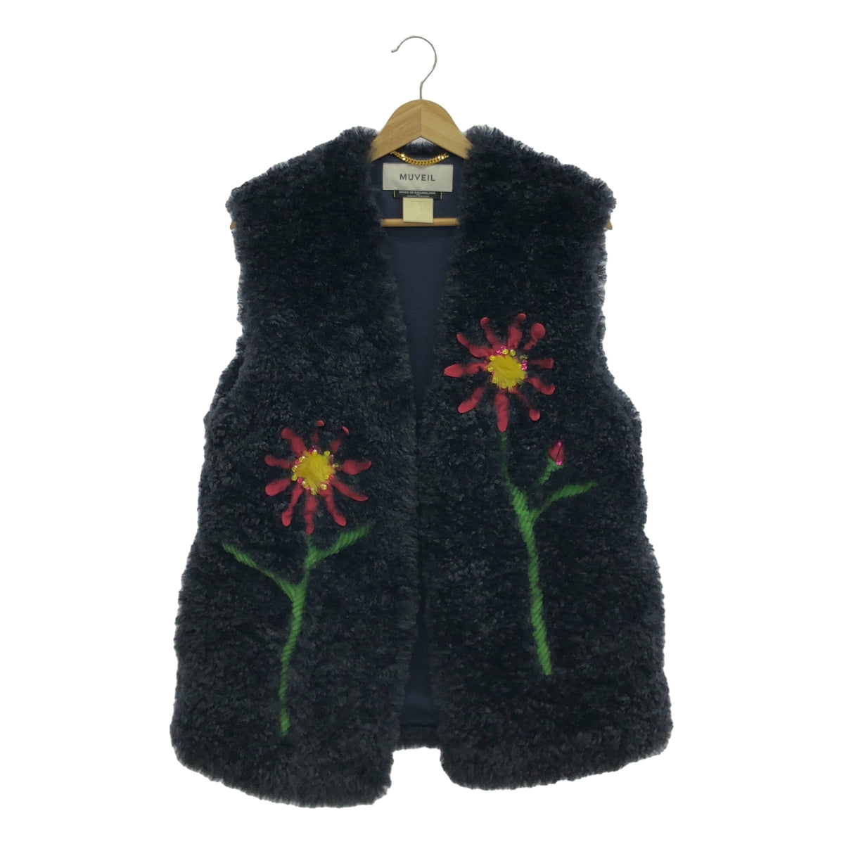 [Good Condition] MUVEIL | Miyako Wasure Embroidery Fur Vest | Size 38 | Navy | Women's