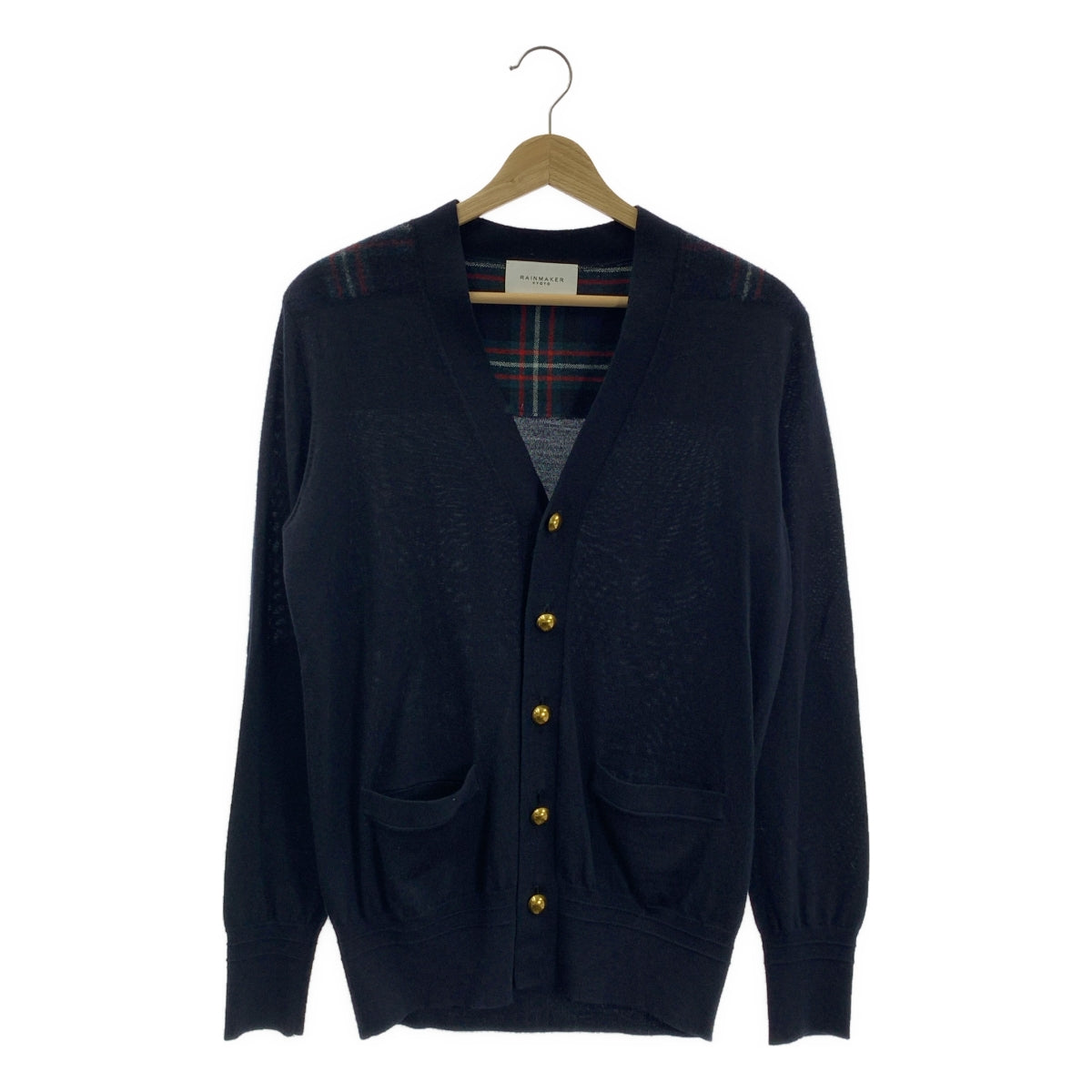 RAINMAKER / 레인 메이커 | 울 체크 전환 엘보 패치 V 넥 니트 카디건 | 46 | 남성