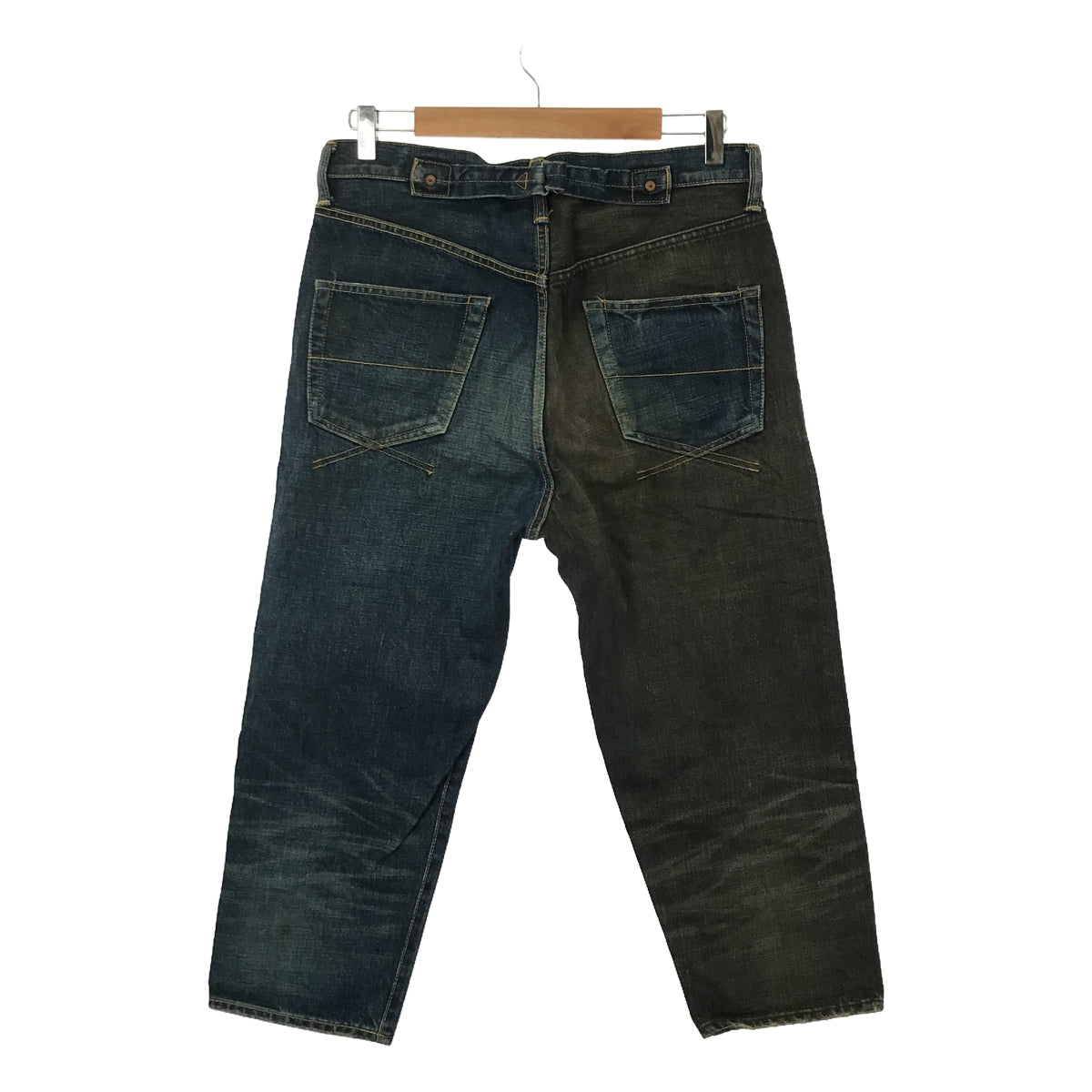 MIHARA YASUHIRO | Vintage-finished, cinch-back cropped denim pants | 46 | Indigo/Black | Men's