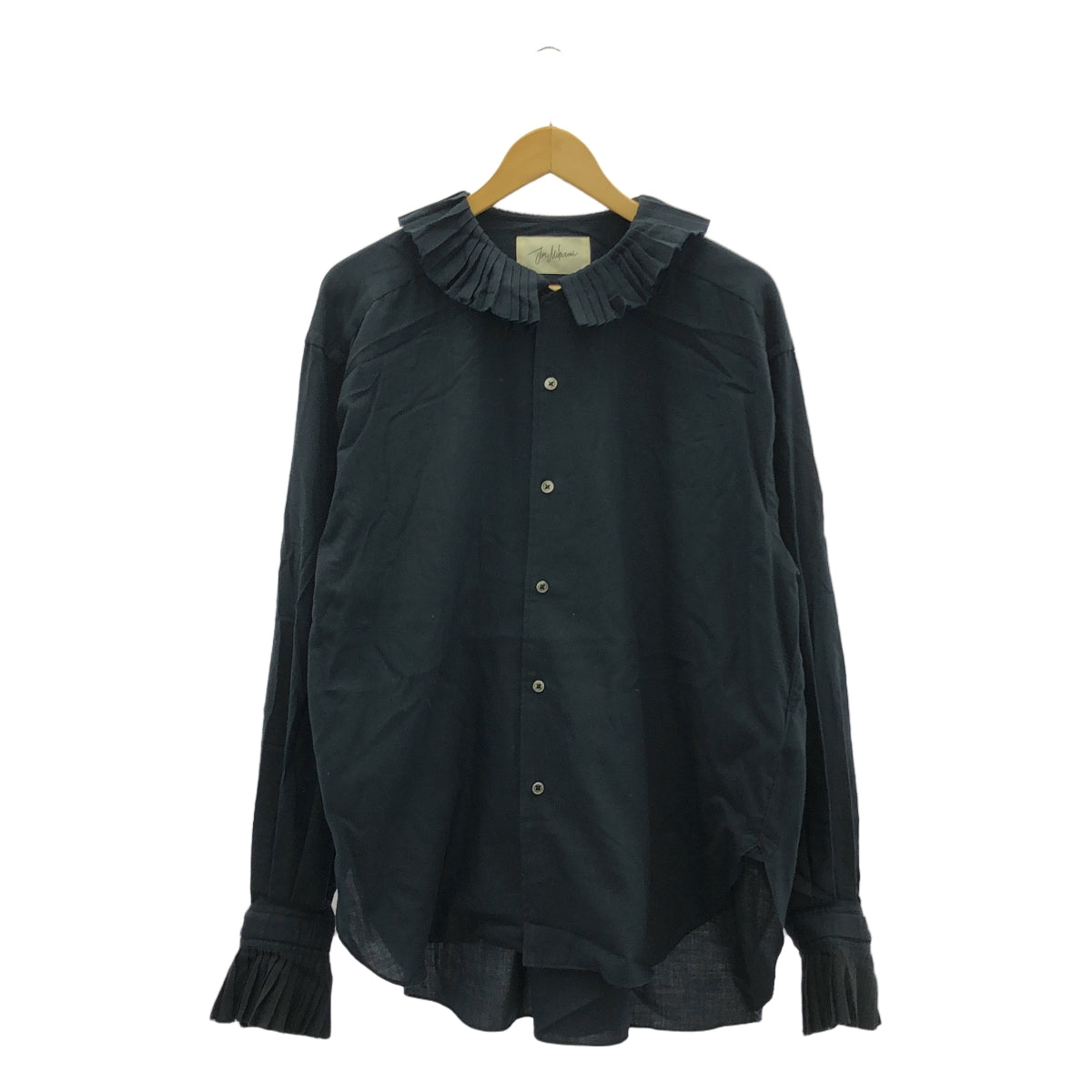 【美品】  JUN MIKAMI / ジュンミカミ | ALUMO社製 プリーツカラー ウール混 シャツ | ネイビー | レディース