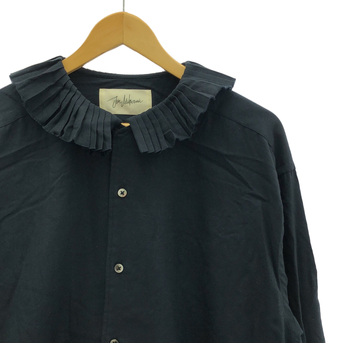 【美品】  JUN MIKAMI / ジュンミカミ | ALUMO社製 プリーツカラー ウール混 シャツ | ネイビー | レディース
