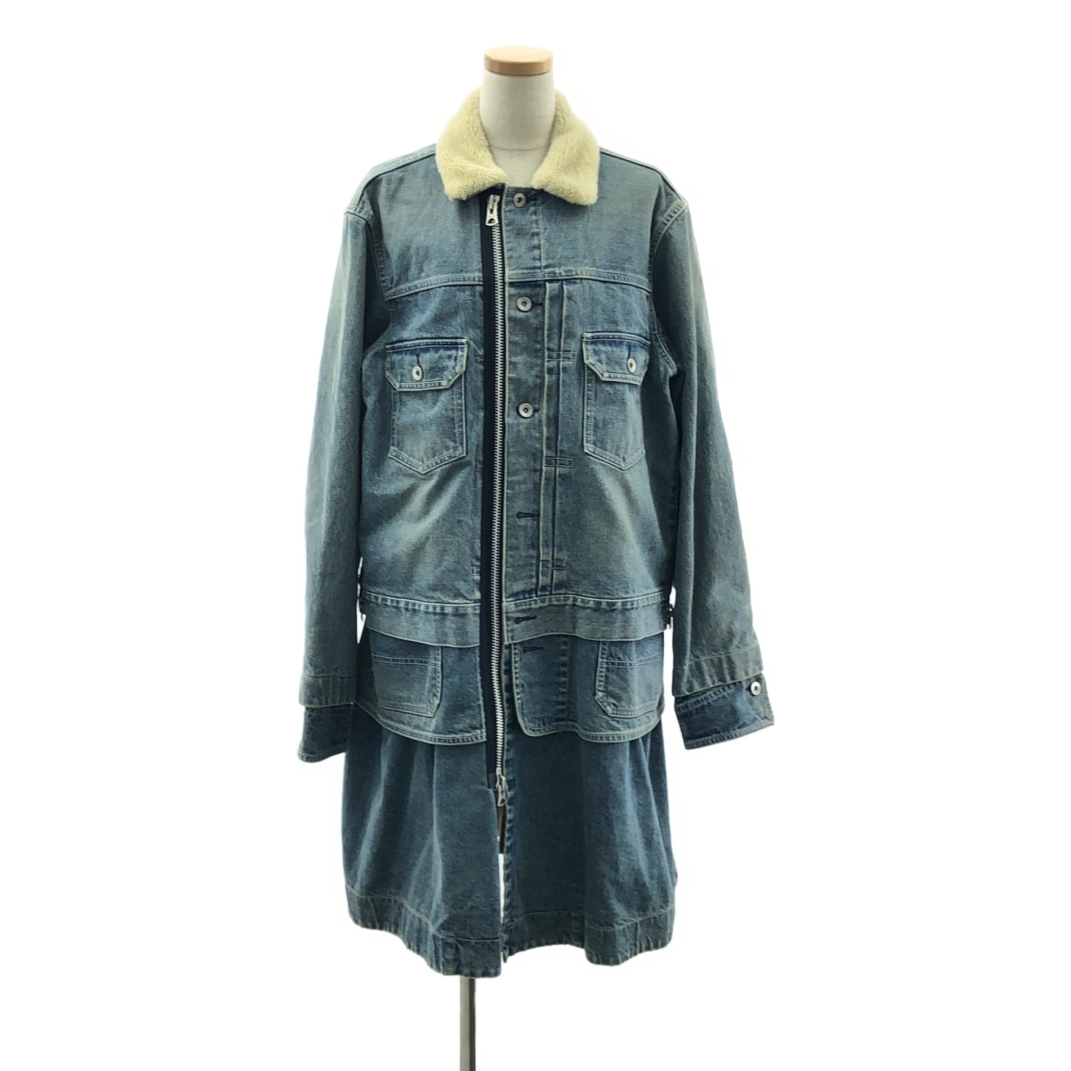 sacai / 사카이 | 2020AW | Denim Layerd Boa Jacket / 데님 도킹 보아 컬러 오버코트 | 1 | 인디고 | 남성