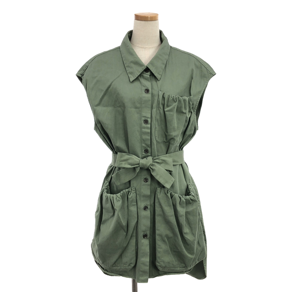 [Good Condition] DRIES VAN NOTEN | Double Gathered Pocket Sleeveless Military Shirt Coat | S | Green | Women's