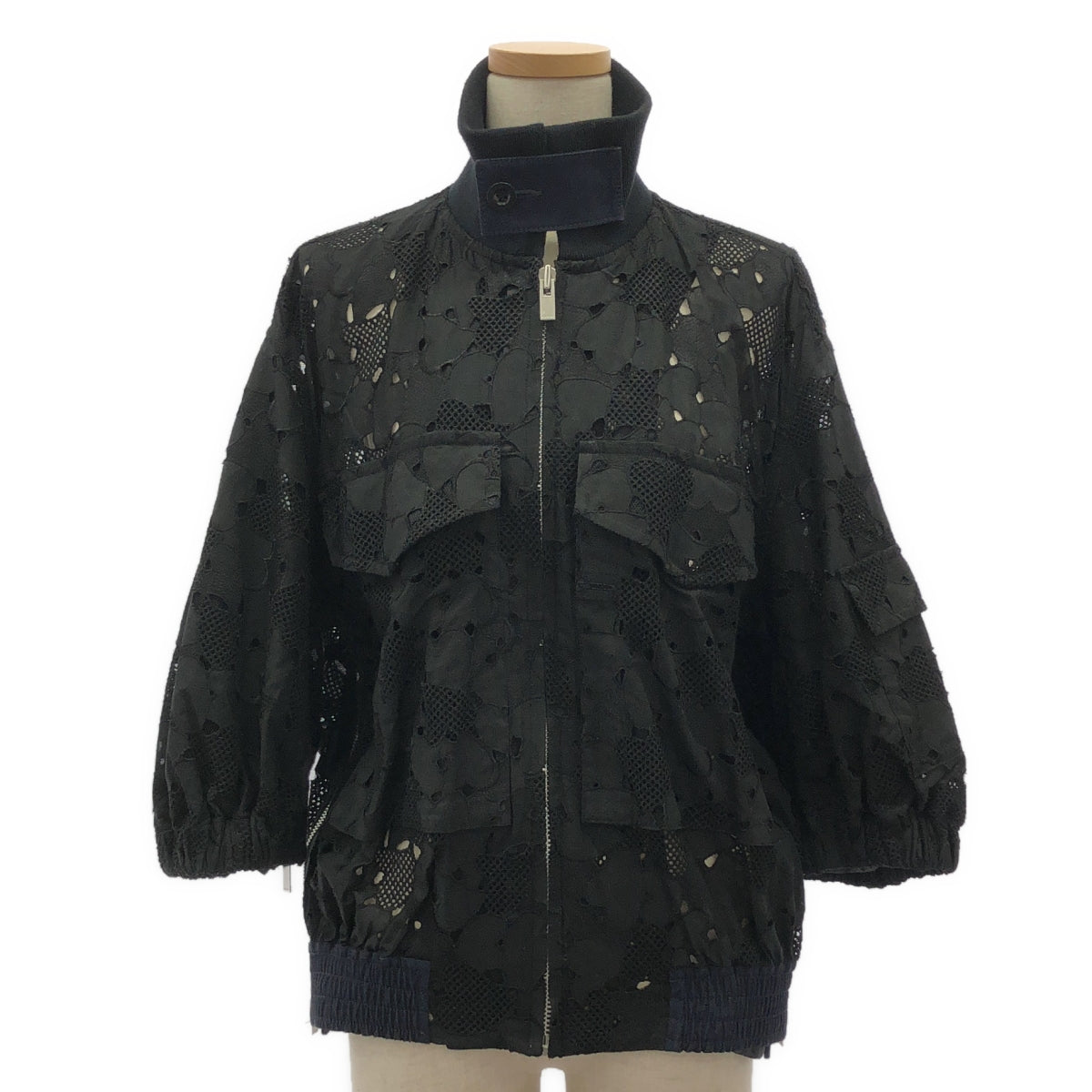 sacai | 泡泡袖雙拉鍊蕾絲外套 | 尺寸 2 | 海軍藍/黑色 | 女款
