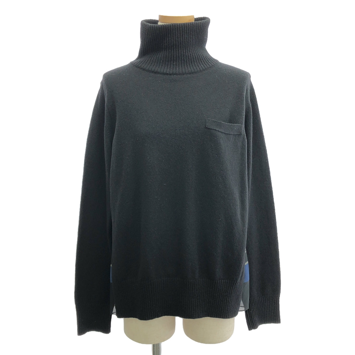 sacai / 사카이 | 백 플리츠 격자 무늬 다른 소재 풀오버 니트 | 3 | 블랙 / 그레이 / 블랙 |