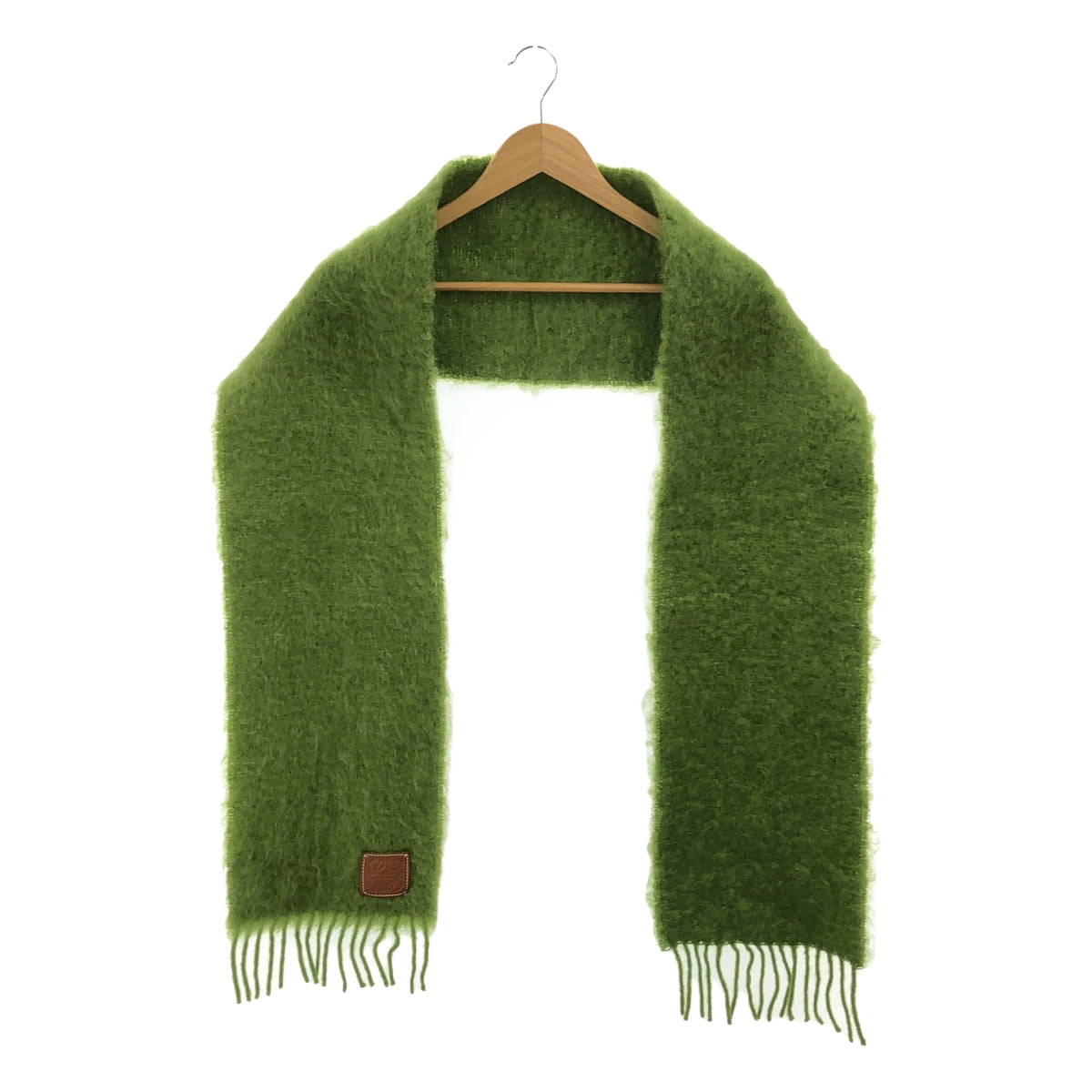 LOEWE | Anagram Leather Patch Mohair Fringe Large Stole Scarf / Unisex | Green | Men's