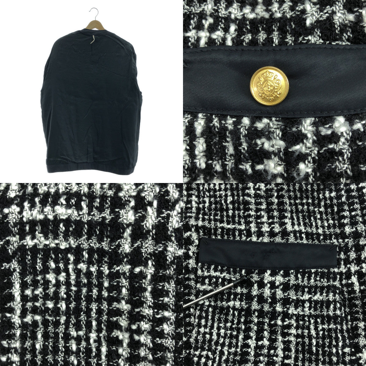 m's braque / エムズブラック | Deuxieme Classe / ドゥーズィエム クラス 取扱い ツイード ノーカラー ジップ ジャケット / 総裏地 | ML | ブラック/ホワイト | レディース