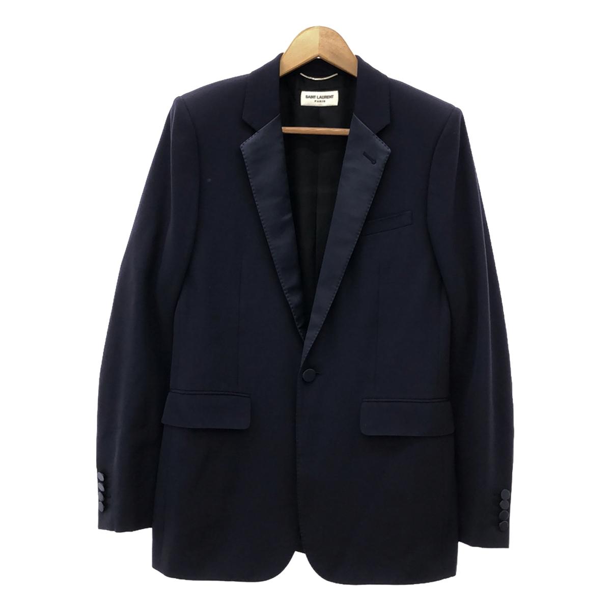 【美品】  SAINT LAURENT PARIS / サンローランパリ | 2015AW | SMOKING JACKET / 異素材 シルク切替 スモーキング テーラードジャケット / 総裏地 | 46 | ネイビー | メンズ