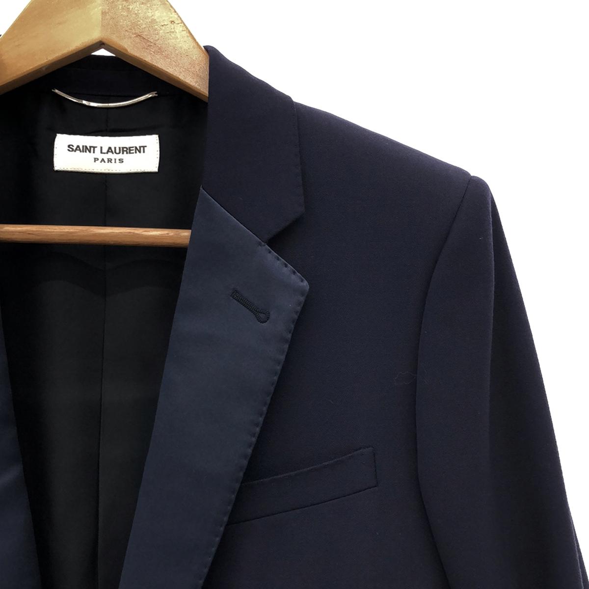 [Good Condition] SAINT LAURENT PARIS | 2015AW | SMOKING JACKET | Mixed-material silk-switched smoking tailored jacket | Fully lined | Size 46 | Navy | Men's