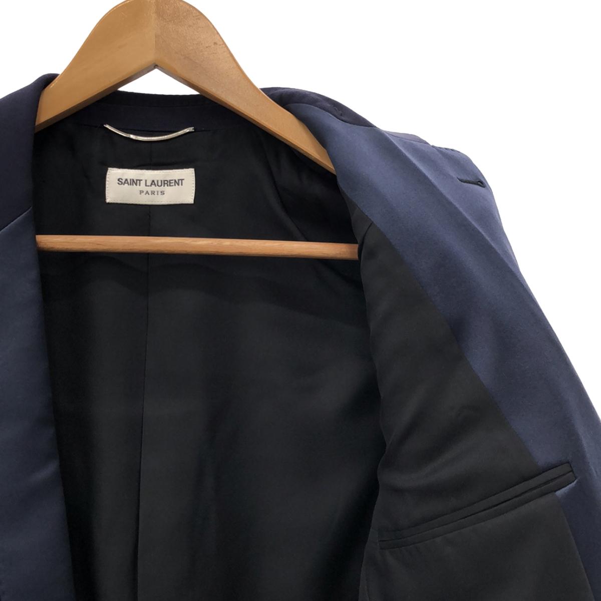 【美品】  SAINT LAURENT PARIS / サンローランパリ | 2015AW | SMOKING JACKET / 異素材 シルク切替 スモーキング テーラードジャケット / 総裏地 | 46 | ネイビー | メンズ