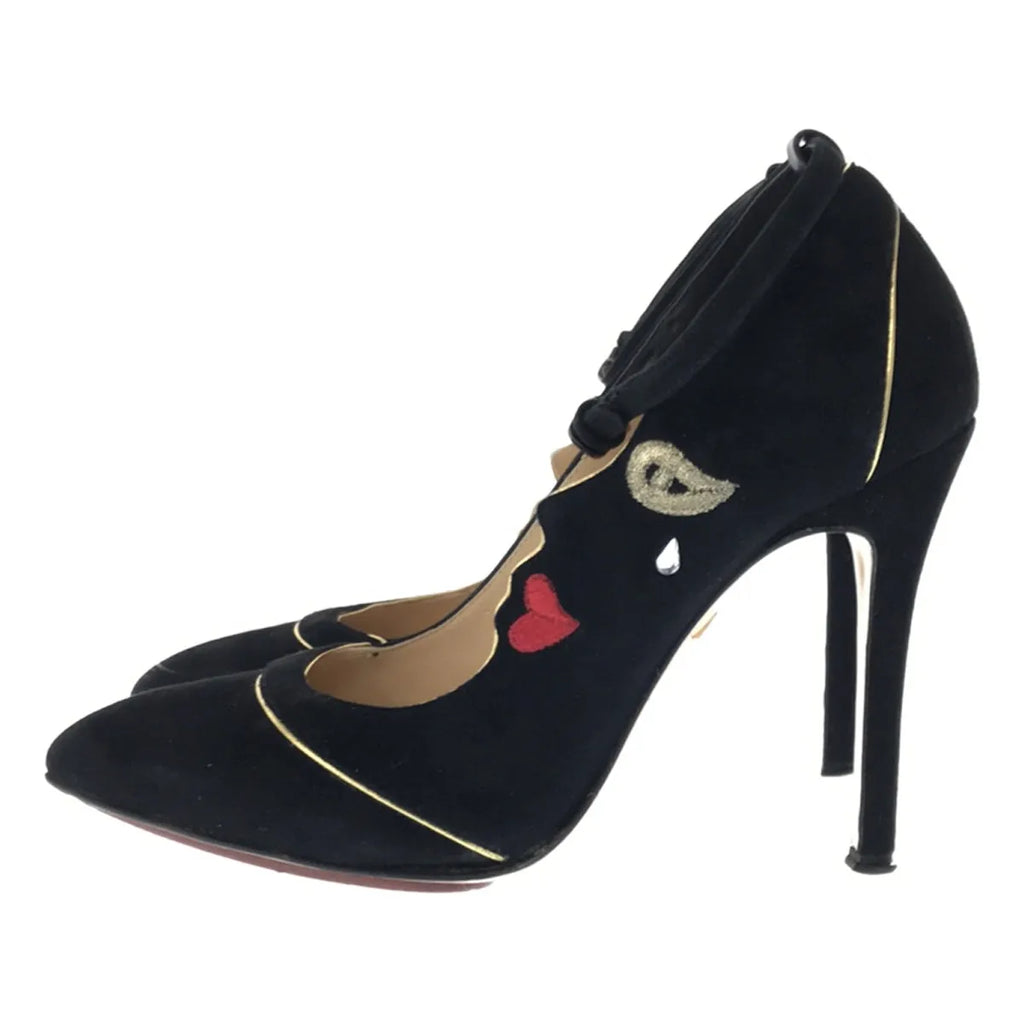 Charlotte Olympia / シャーロットオリンピア | スエード 刺しゅう パイピング アンクルストラップ ヒールパンプス | 35 | ブラック | レディース