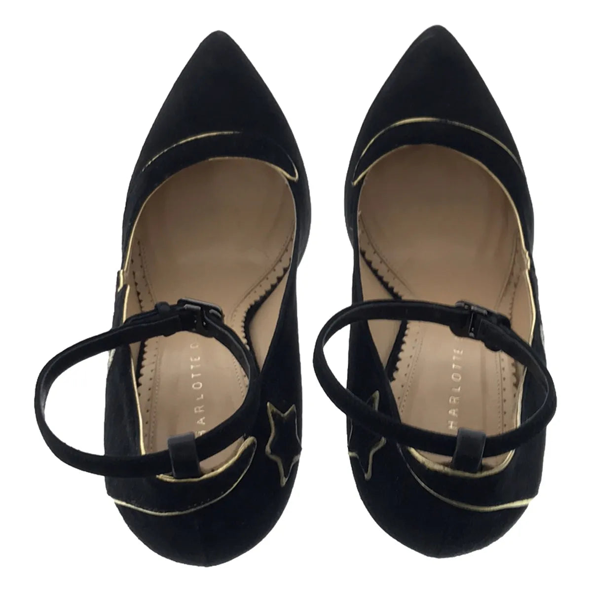 Charlotte Olympia / シャーロットオリンピア | スエード 刺しゅう パイピング アンクルストラップ ヒールパンプス | 35 | ブラック | レディース