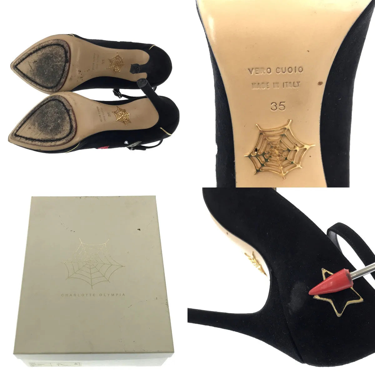 Charlotte Olympia / シャーロットオリンピア | スエード 刺しゅう パイピング アンクルストラップ ヒールパンプス | 35 | ブラック | レディース
