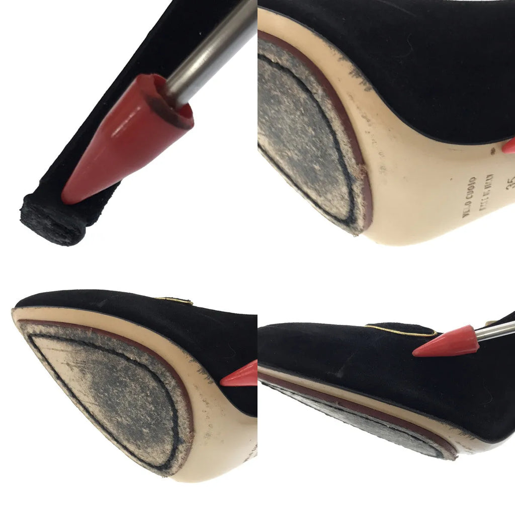 Charlotte Olympia / シャーロットオリンピア | スエード 刺しゅう パイピング アンクルストラップ ヒールパンプス | 35 | ブラック | レディース