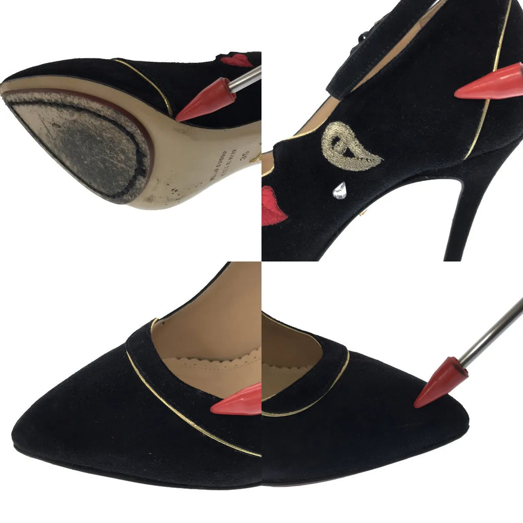 Charlotte Olympia / シャーロットオリンピア | スエード 刺しゅう パイピング アンクルストラップ ヒールパンプス | 35 | ブラック | レディース