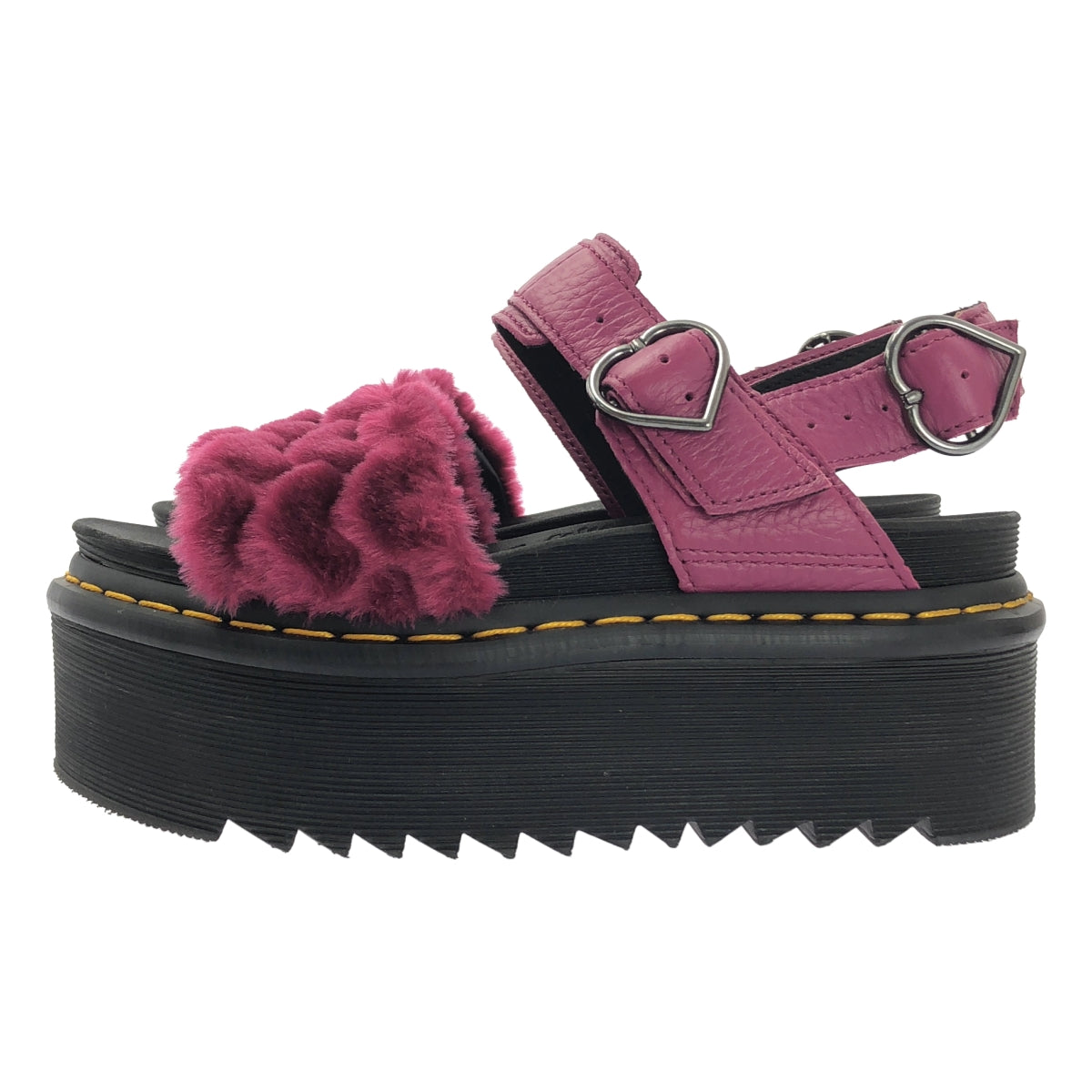 [狀況極佳] Dr. Martens | VOSS QUAD FLUFFY 心型圖案厚底涼鞋 | 英國尺寸 3 | 黑色/粉紅色 | 女款