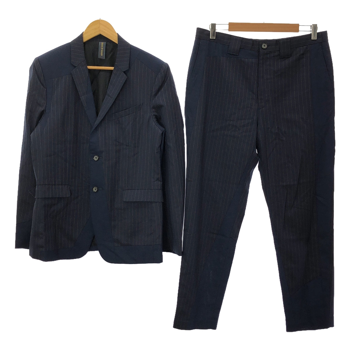 MIHARA YASUHIRO | Set-up wool striped panel switching 2B tailored jacket and slacks | 46 | Navy | Men's