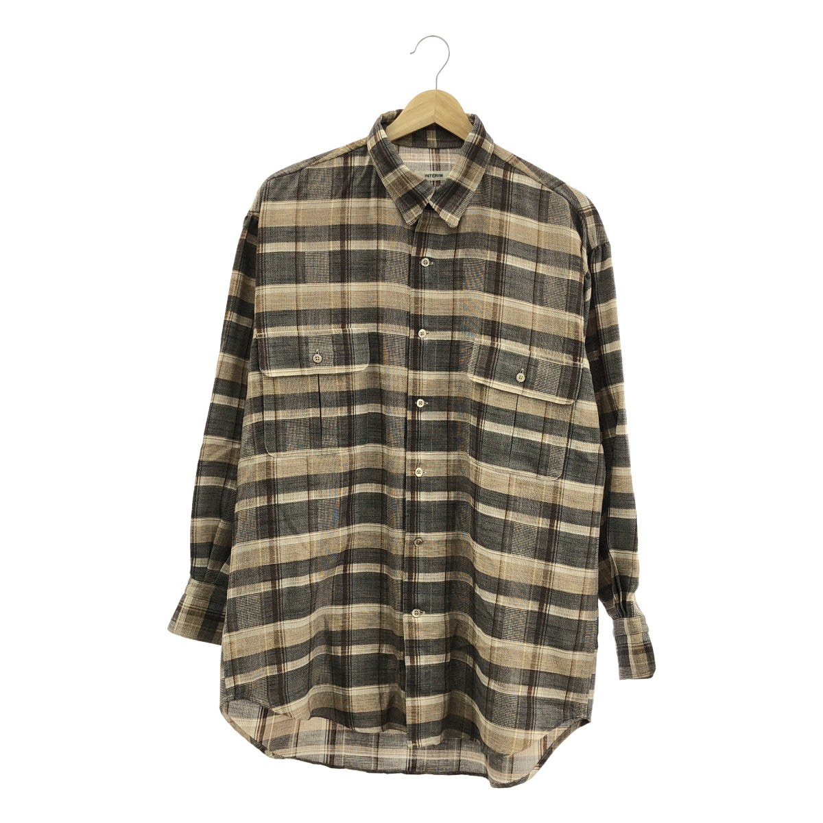 【美品】  INTERIM / インテリム | HYPER BIG SHEER FIL A FIL CHECK GATHER SHIRT ウール混 チェック ハイパービッグシャツ | 3 | ベージュ | メンズ