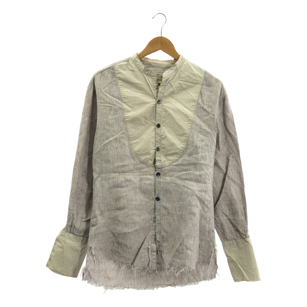 GREG LAUREN / グレッグローレン | STUDIO BIB LIGHT SHIRT リネン ストライプ 切替 バンドカラー シャツ | 1 | グレー系 | メンズ