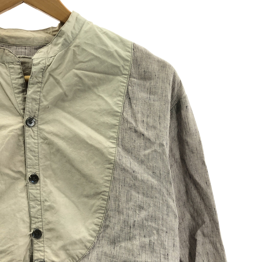 GREG LAUREN / グレッグローレン | STUDIO BIB LIGHT SHIRT リネン ストライプ 切替 バンドカラー シャツ | 1 | グレー系 | メンズ