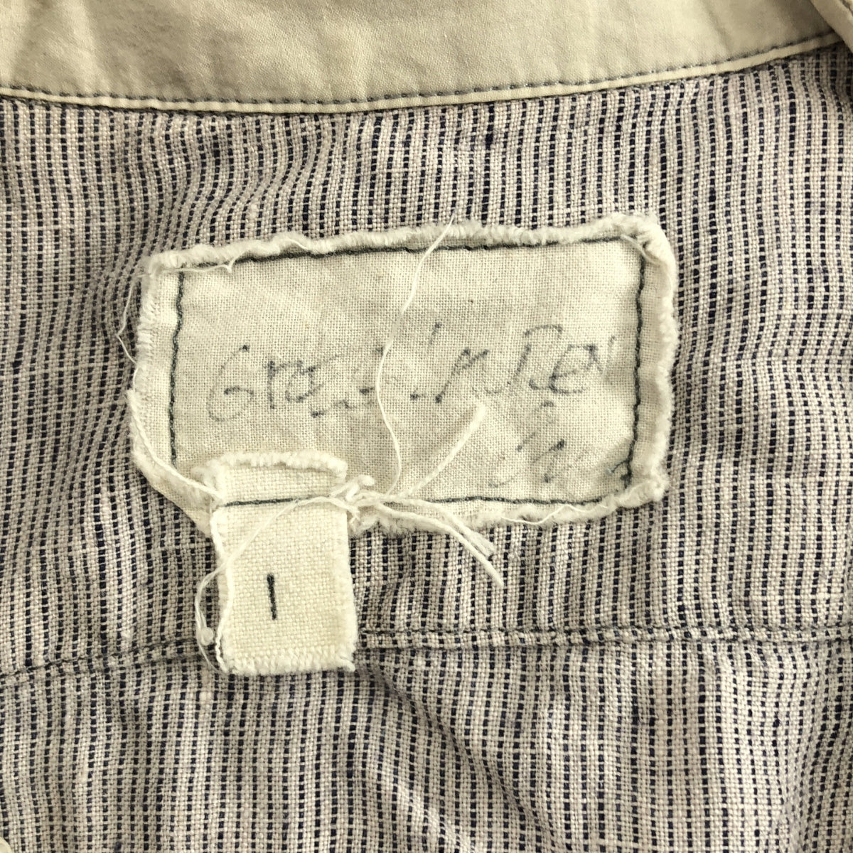 GREG LAUREN / グレッグローレン | STUDIO BIB LIGHT SHIRT リネン ストライプ 切替 バンドカラー シャツ | 1 | グレー系 | メンズ