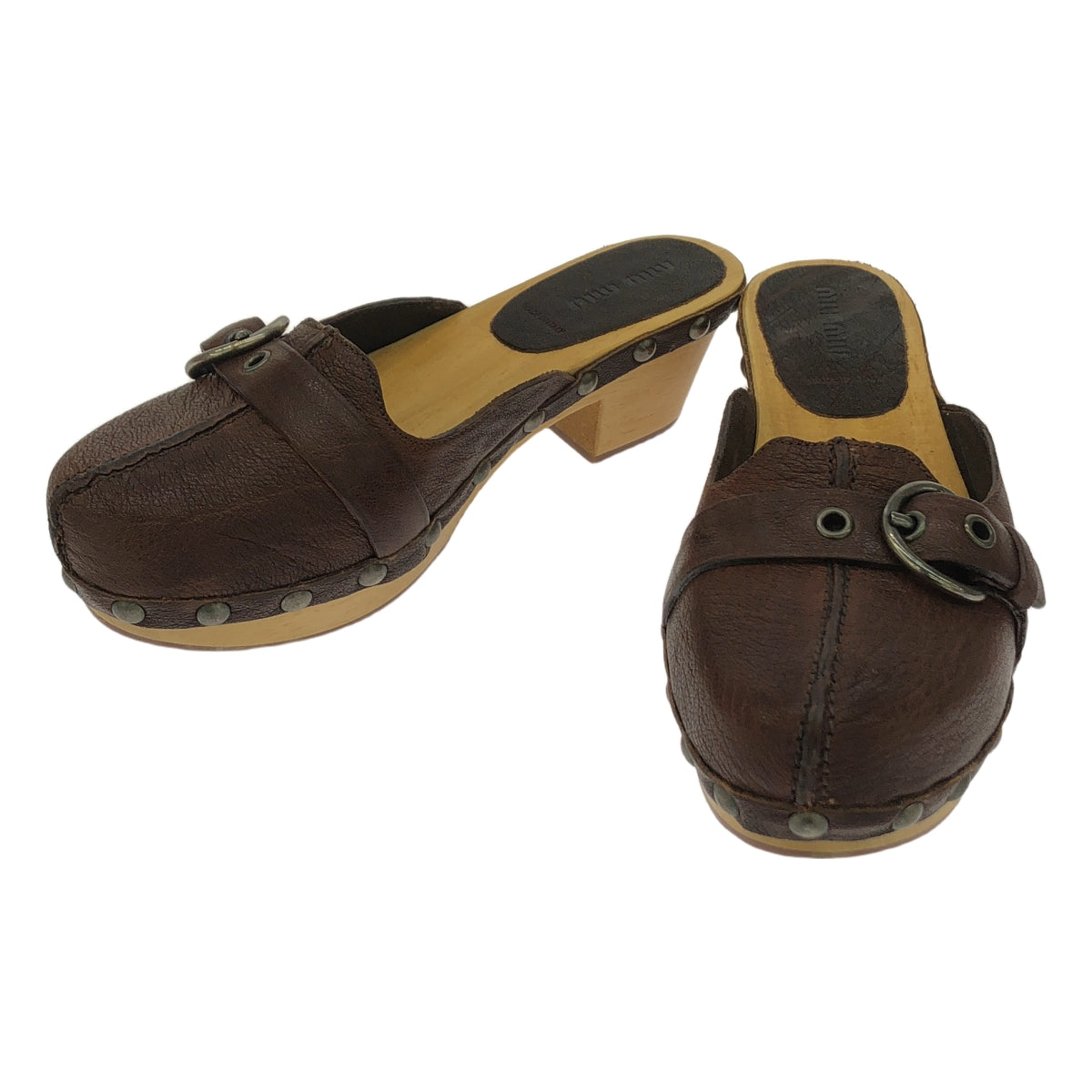 [狀況良好] miu miu | 皮革鉚釘木底木屐涼鞋 | 36 1/2 | 棕色 | 女款
