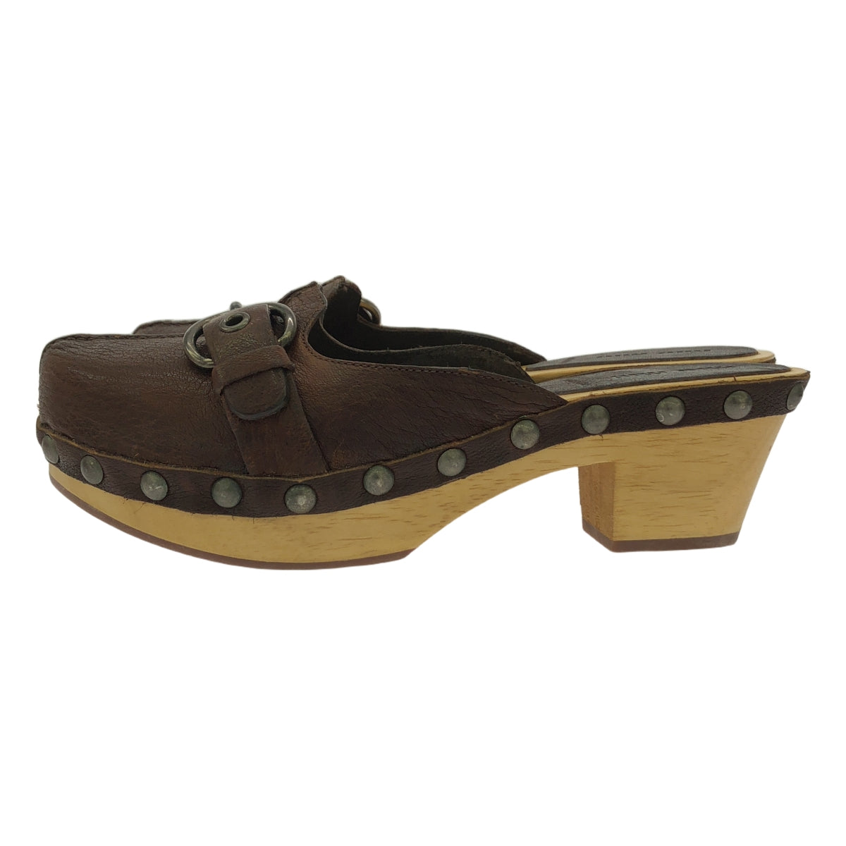 [狀況良好] miu miu | 皮革鉚釘木底木屐涼鞋 | 36 1/2 | 棕色 | 女款