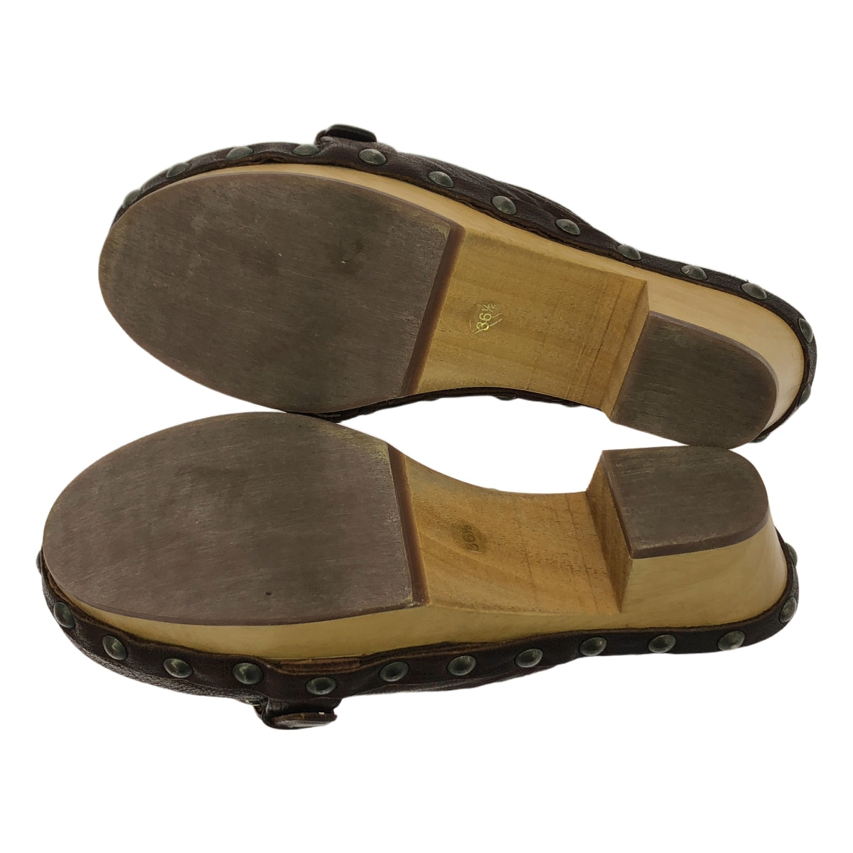 [狀況良好] miu miu | 皮革鉚釘木底木屐涼鞋 | 36 1/2 | 棕色 | 女款