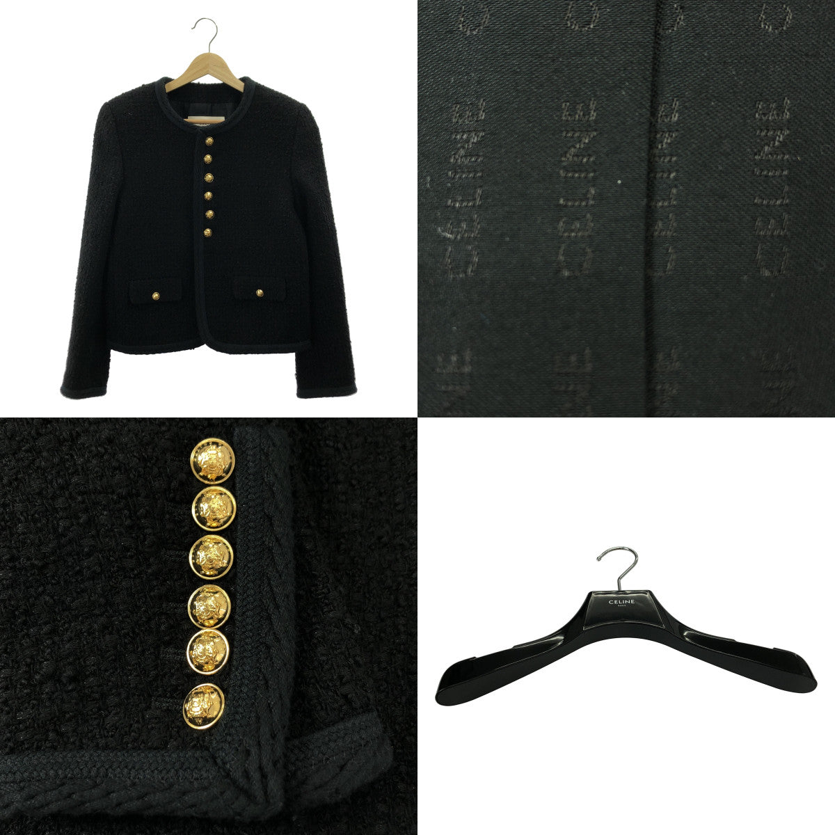 【美品】  CELINE / セリーヌ | chasseur tweed jacket / 金ボタン シャスール ツイード ジャケット / ロゴ総裏地 | 34 | ブラック | レディース