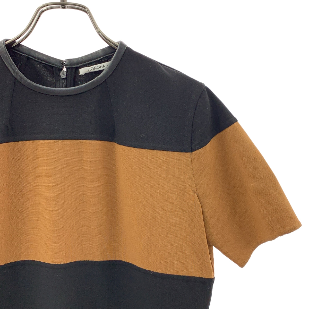 AGNONA / アニオナ | ボーダー バイカラー レザー パイピング プルオーバーワンピース | S | レディース