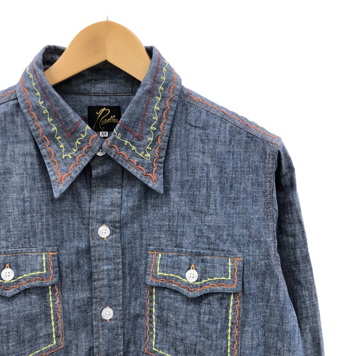 【美品】  Needles / ニードルス | 2024SS | Work Shirt Cotton Chambray India Emb. インディア エンブロイダリー ワークシャツ | XS | インディゴ | メンズ