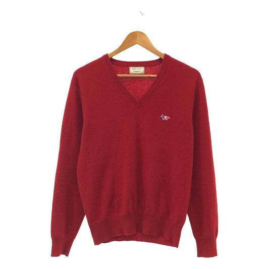 MAISON KITSUNE | 100% Cashmere Tricolor Fox Patch High Gauge V-Neck Knit | S | Red | Men's