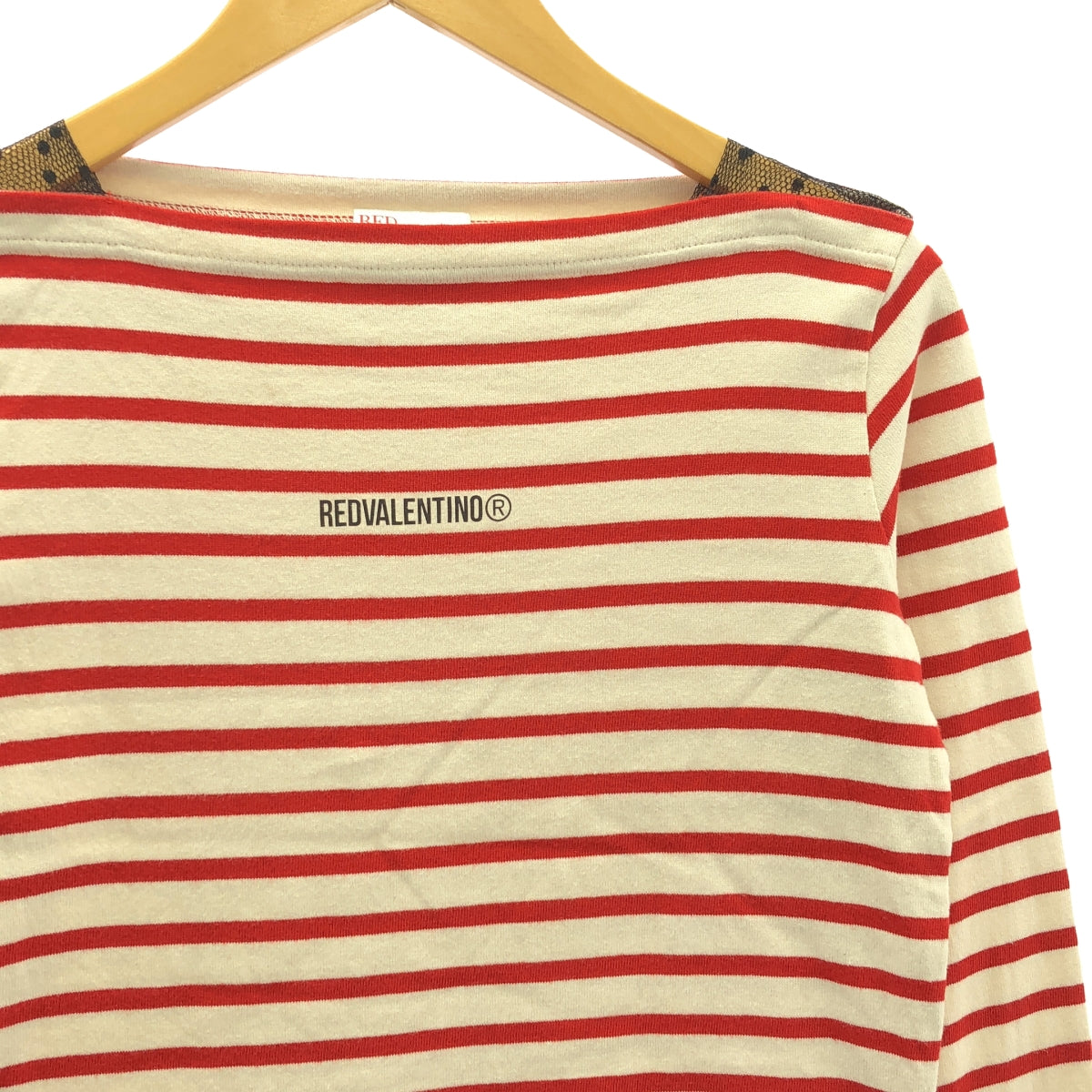 RED VALENTINO / レッドヴァレンティノ | レース ロゴ ボーダー カットソー | XS | レッド/ベージュ | レディース