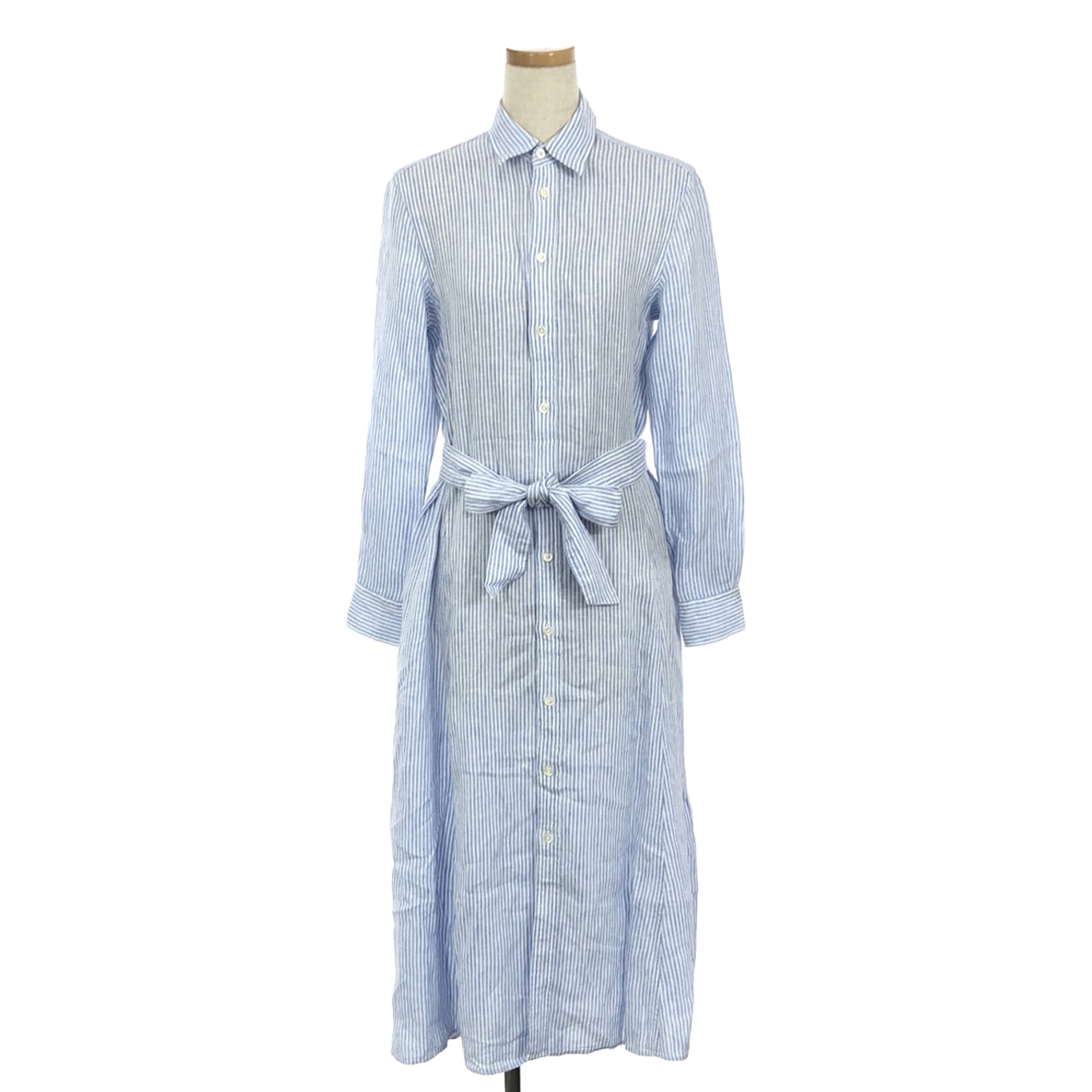 [Good Condition] POLO RALPH LAUREN | Linen Belted Long Shirt Dress | 0 | White/Blue | Women's