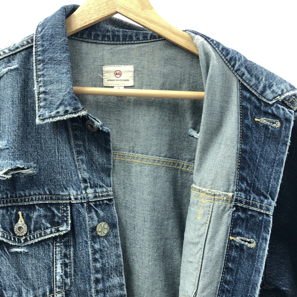 AG adriano Goldschmied / エージーアドリアーノゴールドシュミット | Distressed Denim Jacket / ビー 蜂 ダメージ加工 デニムジャケット | M | インディゴ | レディース