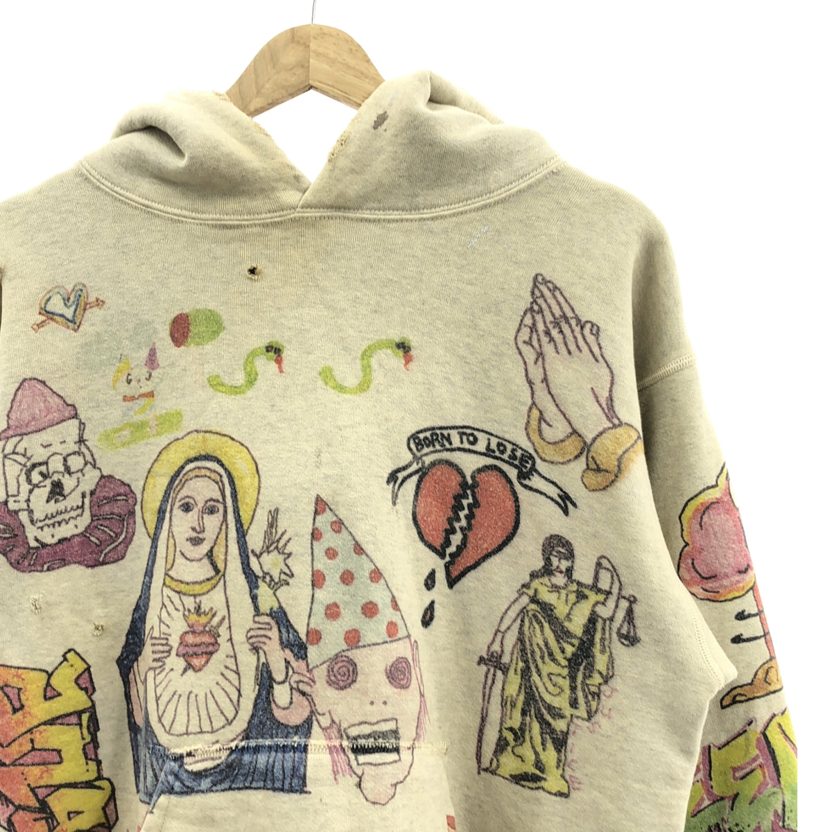 SAINT MICHAEL  Mxxxxxx / セントマイケル | ヴィンテージ加工 グラフィティ フーディ プルオーバー パーカー | S | アイボリー | メンズ