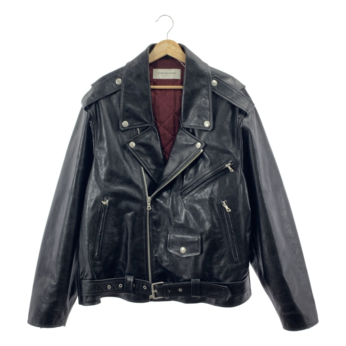 [狀況極佳] DRIES VAN NOTEN | 超大雙排扣皮革騎士夾克，帶絎縫襯裡 | S 碼 | 黑色 | 男款