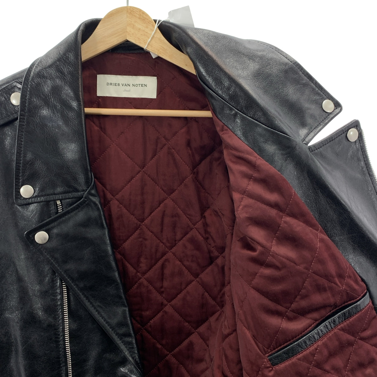 [狀況極佳] DRIES VAN NOTEN | 超大雙排扣皮革騎士夾克，帶絎縫襯裡 | S 碼 | 黑色 | 男款