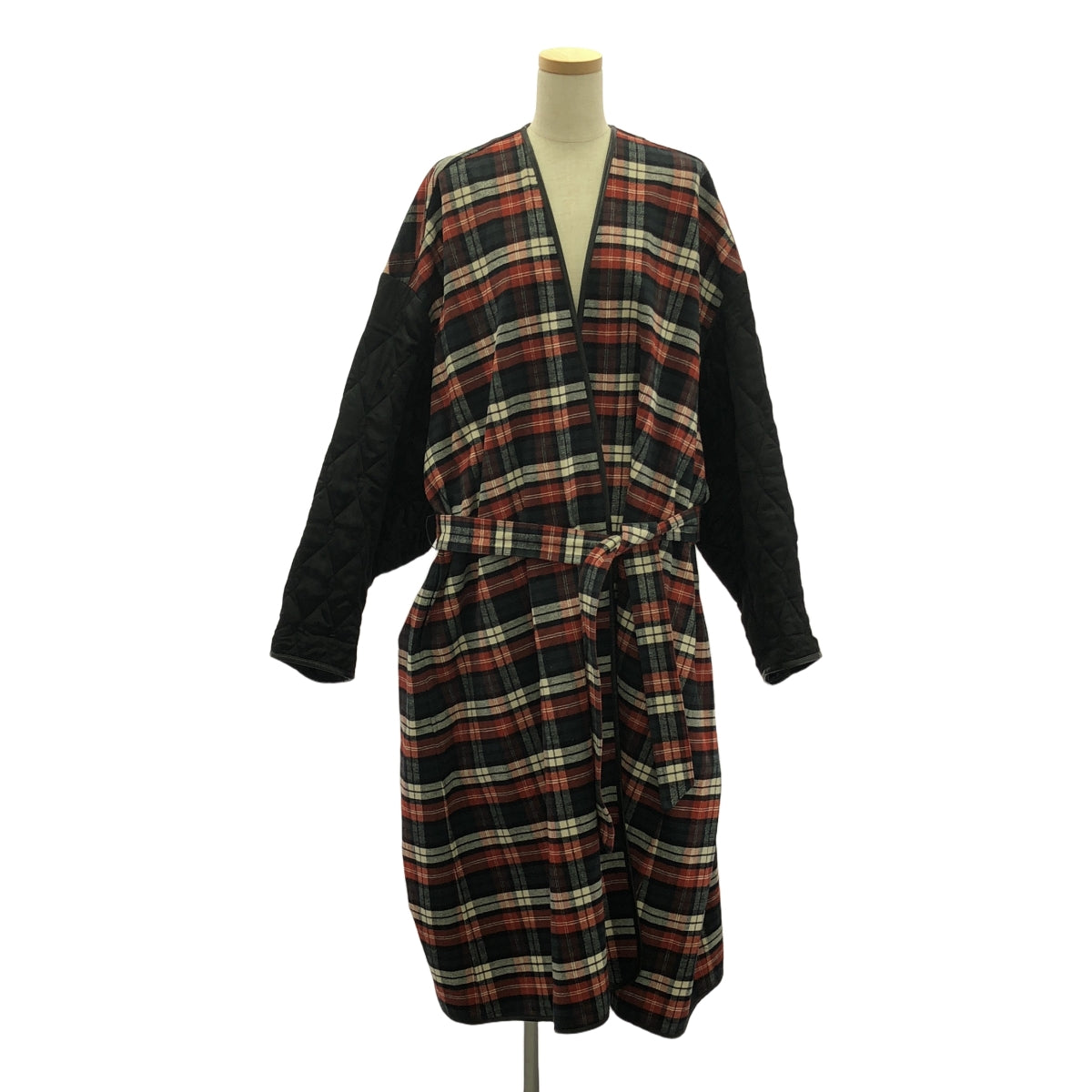 【美品】  BALENCIAGA / バレンシアガ | 2018 | キルティング切替え チェック ガウンコート | 34 | レッド/ブラック/ホワイト | レディース