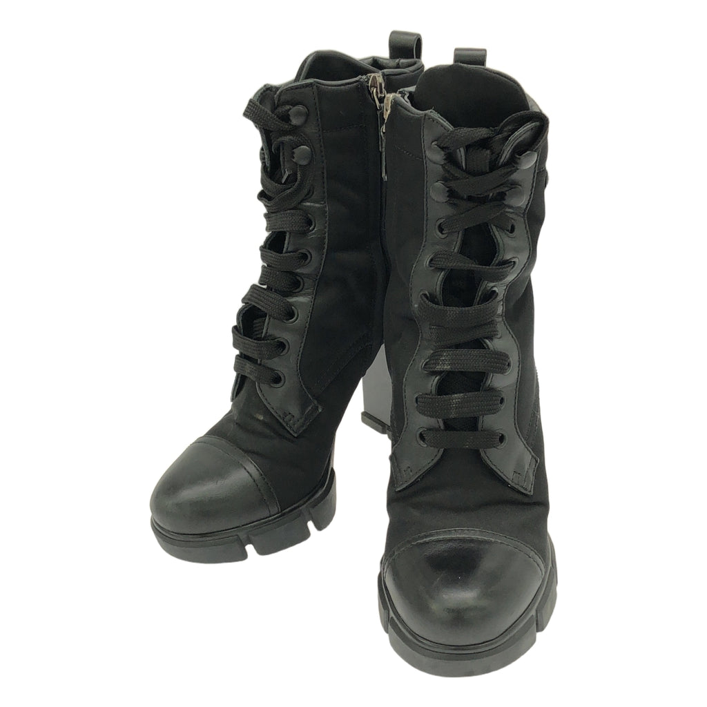 PRADA / 프라다 | Leather and Nylon Ankle Boots / 플레이트 나일론 전환 가죽 힐 부츠 | 36 | 블랙 | 여성